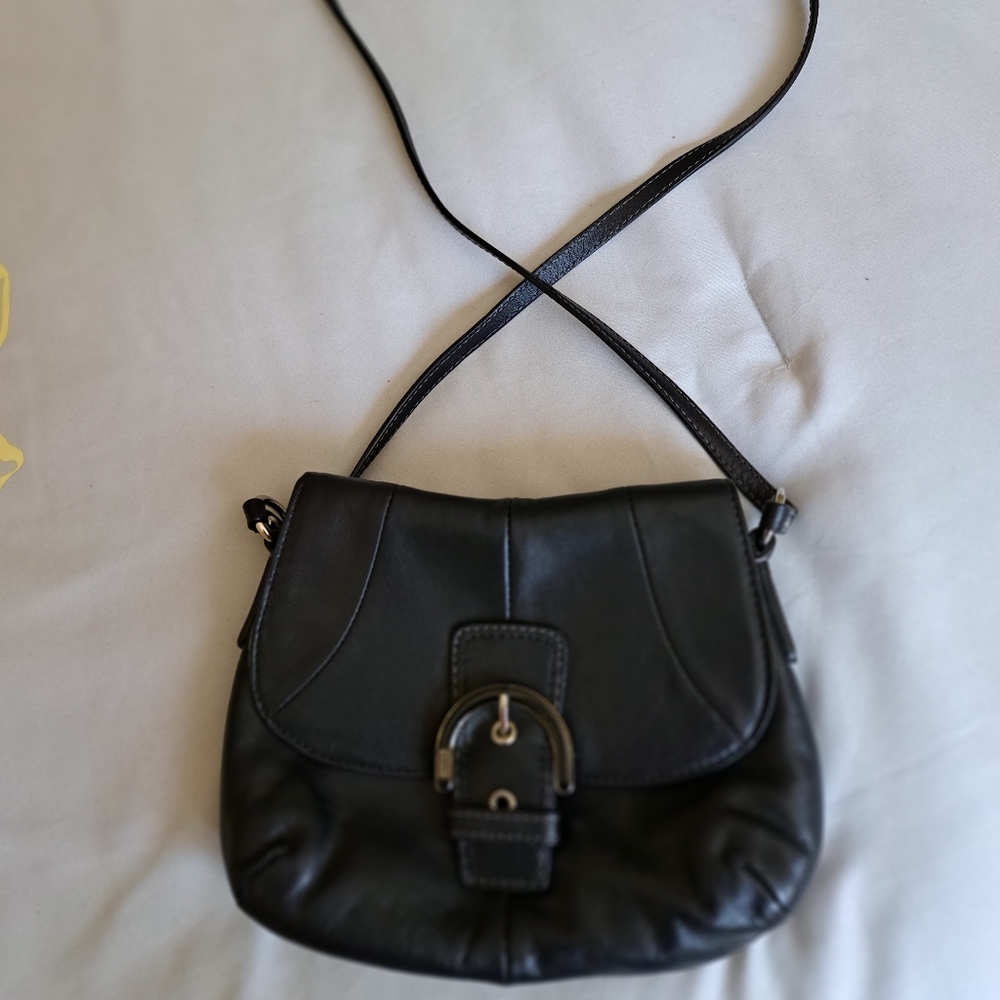 Coach Black Crossbody Leather Handbag With Baby Blue Lining